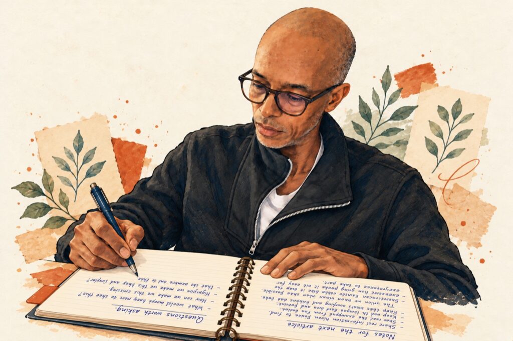 Ilustración de Ray Brown escribiendo en un cuaderno orientado hacia él, con la página actual sin terminar.