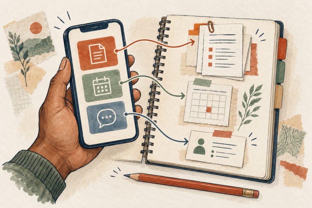 Un teléfono y un cuaderno con pestañas conectan documentos, fechas de reuniones y datos de contacto.