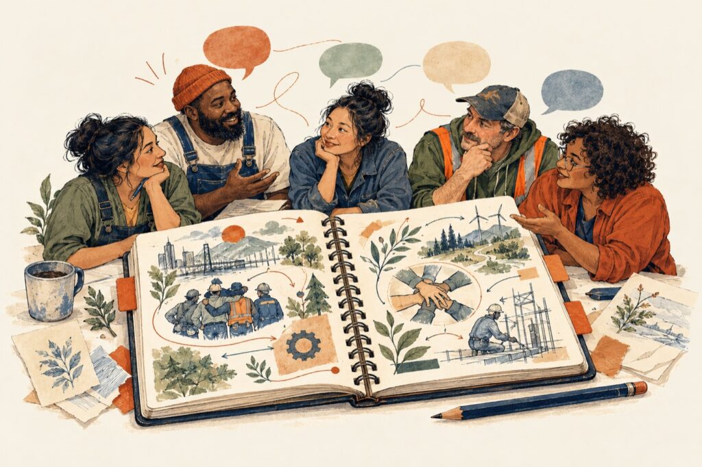 Personas trabajadoras comparten ideas alrededor de un cuaderno ilustrado abierto.