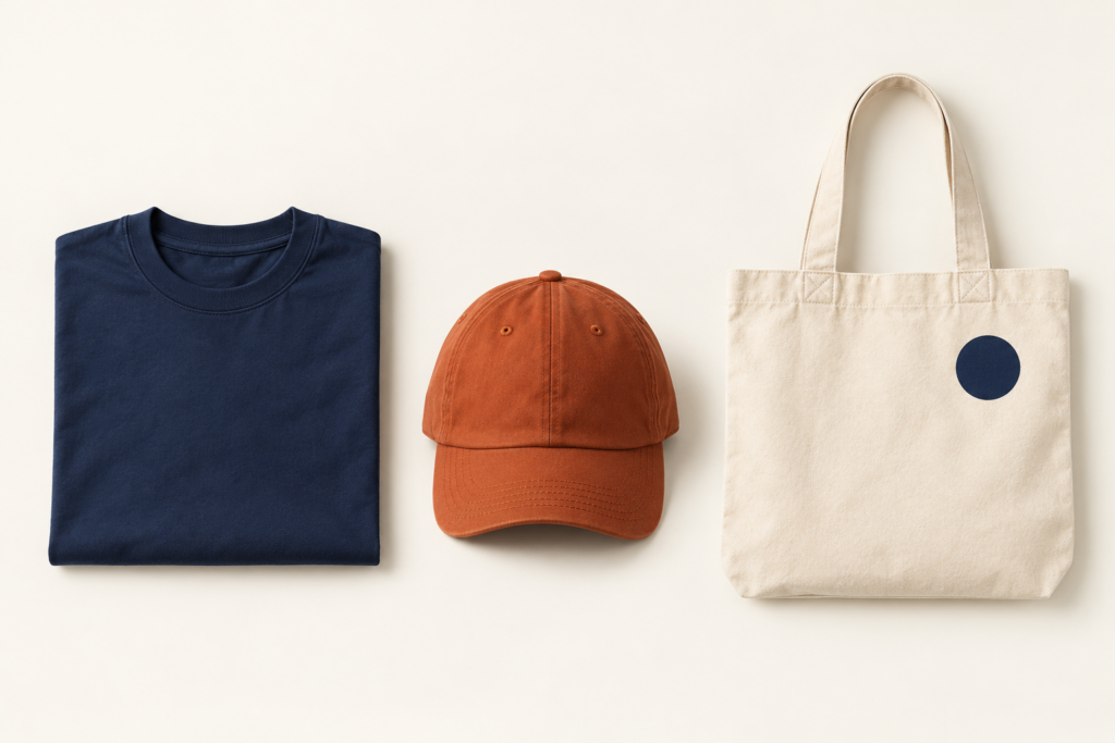 Camiseta Azul Marino, Gorra Color Óxido Y Bolsa De Lona En Una Vista De Tienda Sindical